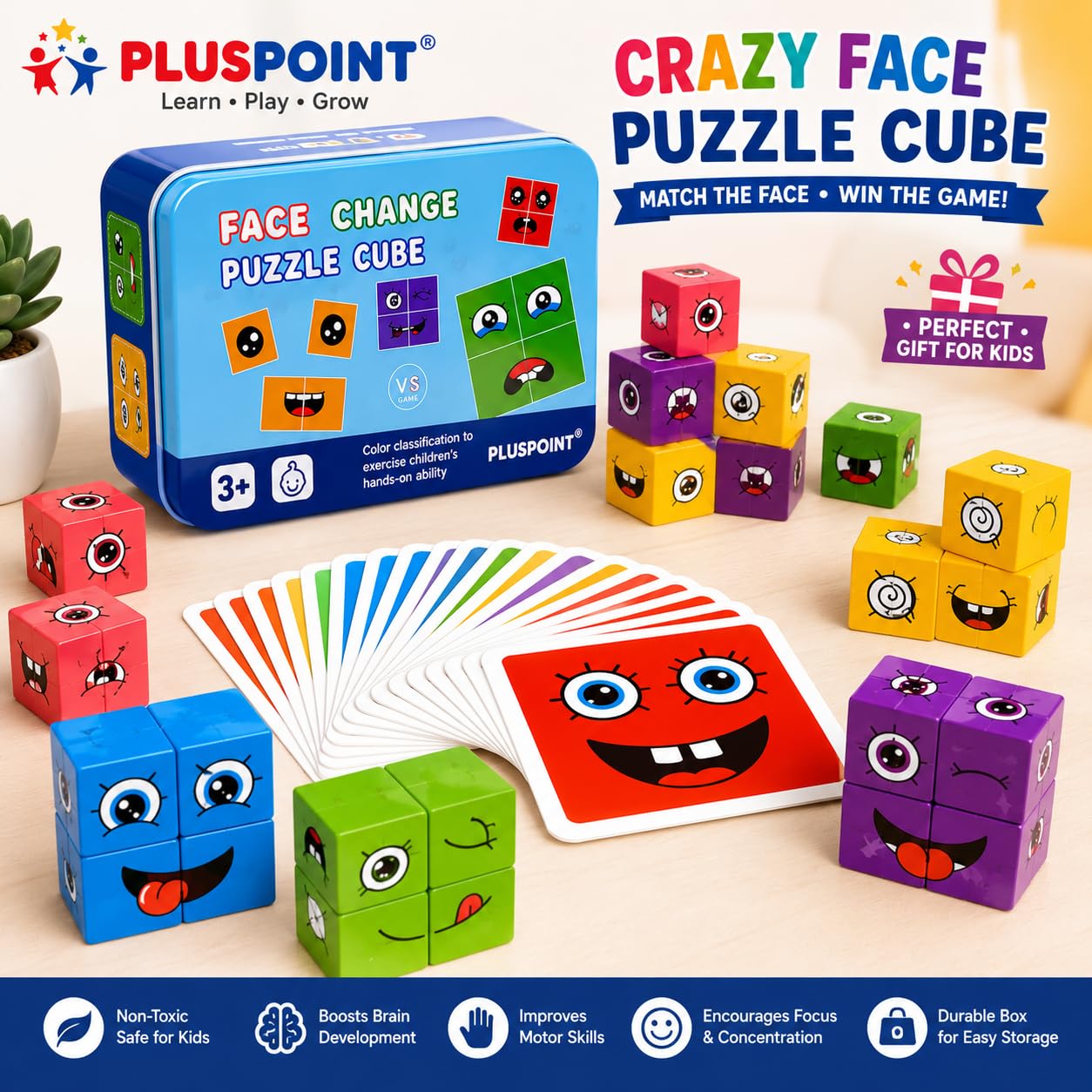 Wooden Emoji Face Changing Cube Puzzle Game Expressions Matching Block Puzzles Building Logical Educational Training Toys 16 Face Blocks & 72 Playing Cards