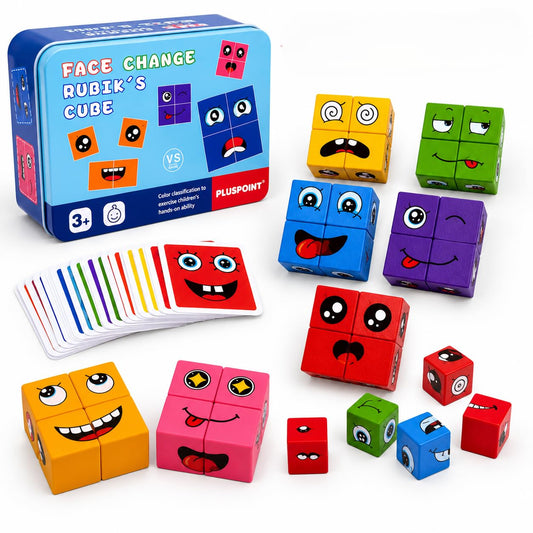 Wooden Emoji Face Changing Cube Puzzle Game Expressions Matching Block Puzzles Building Logical Educational Training Toys 16 Face Blocks & 72 Playing Cards