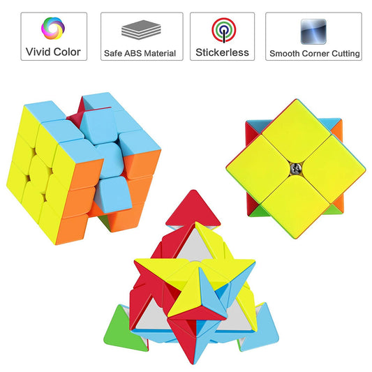 Cube Combo Set of 2x2, 3x3 and Pyramid Pyraminx Triangle High Speed Stickerless Magic Cube Puzzle