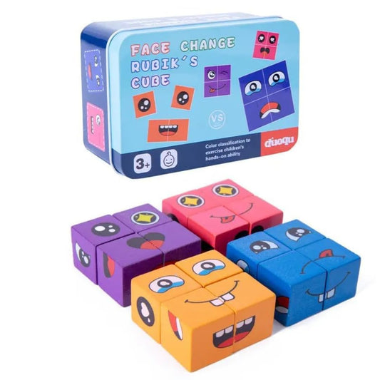 Wooden Emoji Face Changing Cube Puzzle Game Expressions Matching Block Puzzles Building Logical Educational Training Toys 16 Face Blocks & 72 Playing Cards