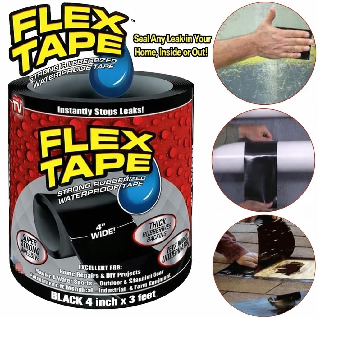 Flex Tape Strong Rubberized Waterproof Tape, 4" x 5', Black