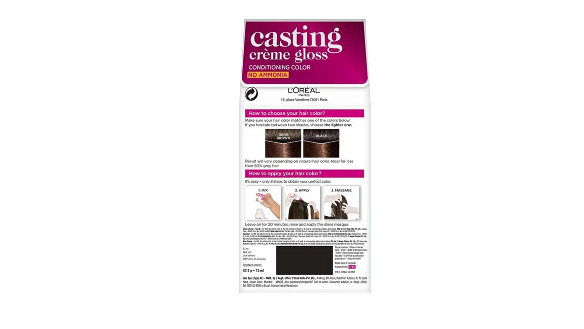 LOreal Paris Casting Creme Gloss Conditioning Hair Color - Medium Brown 500 - 87.5 gm + 72ml