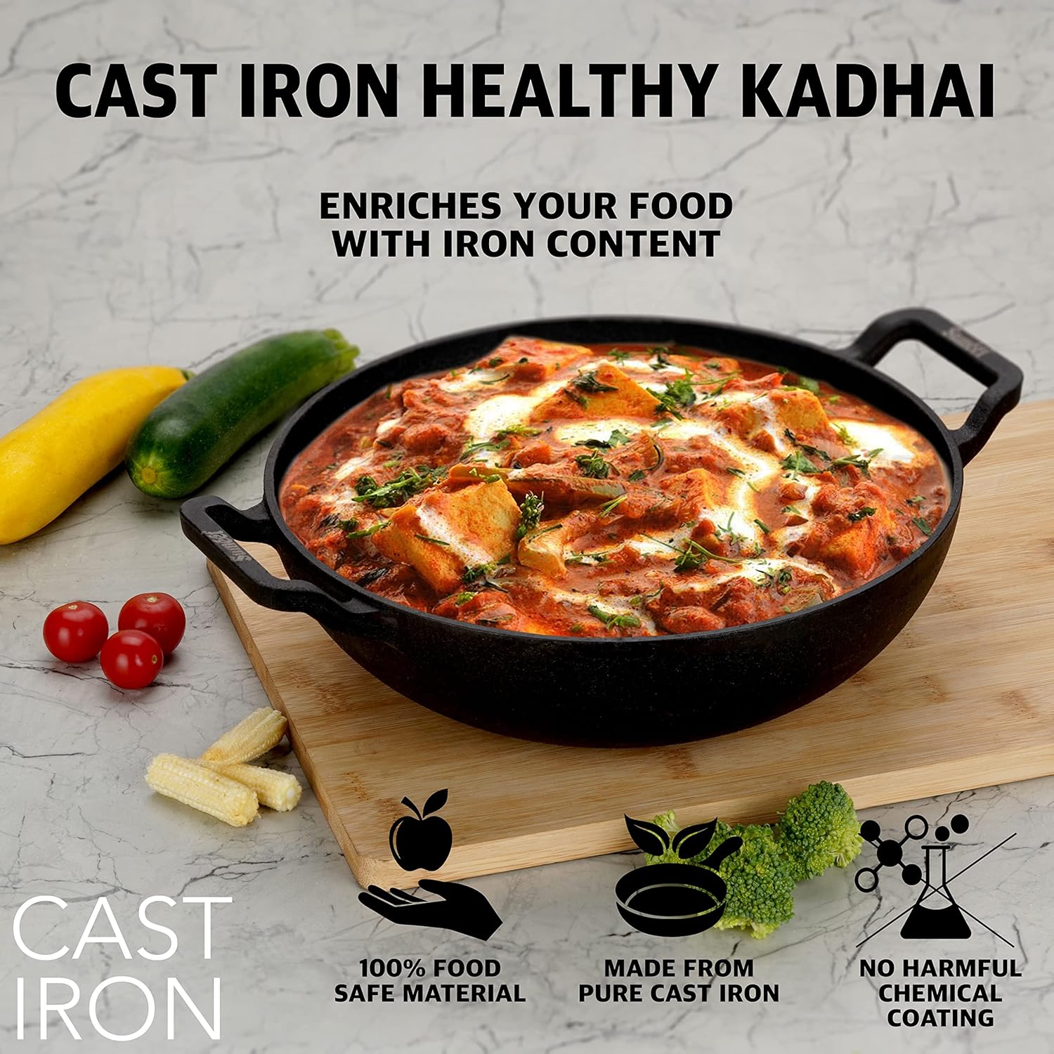 Sumeet Pre Seasoned Heavy Weight Cast Iron Deep Kadai, Induction Friendly, 23cm, 2000ml, Weight - 2Kg, Black