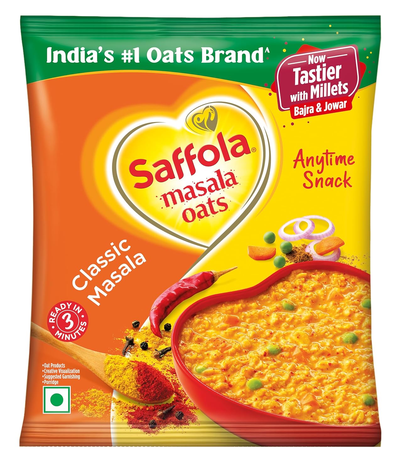 Saffola Masala Oats|38g| Classic Masala | Tasty, Anytime Snack | Ready in 3 mins | Millets Goodness- with Bajra & Jowar | No maida , No added preservatives | helps manage weight