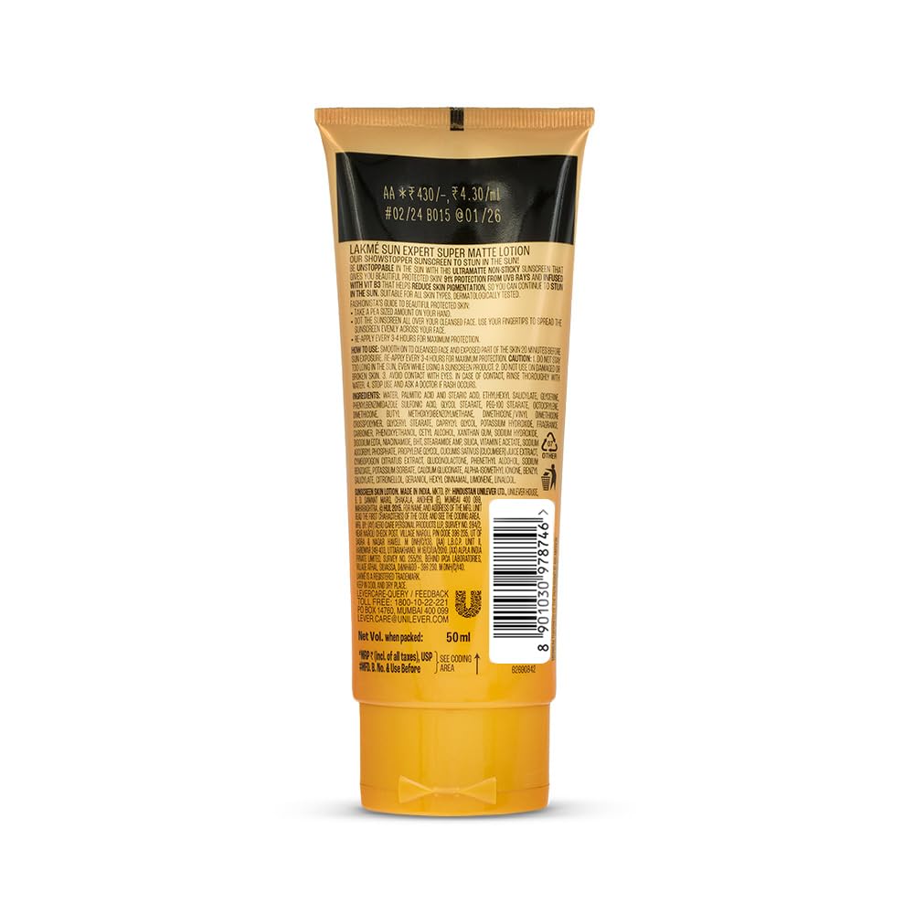 Lakme Sun Expert SPF 25 PA++ Super Matte Lotion Sunscreen, Lightweight, Non Sticky,50ml