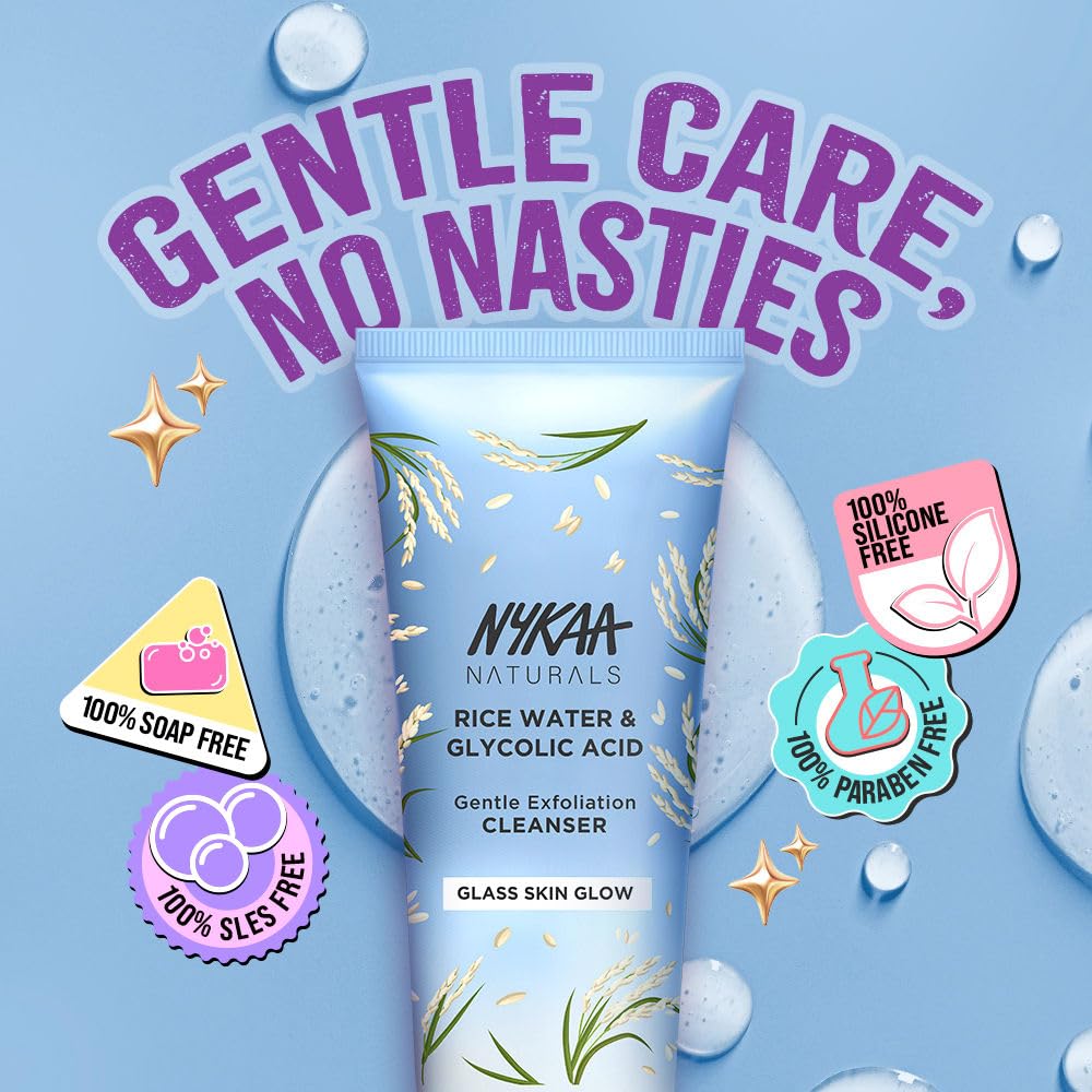 Nykaa Rice Water & Glycolic Acid Gentle Exfoliation Face Wash Cleanser for Glass Skin Glow, All Skin Types, 100ml