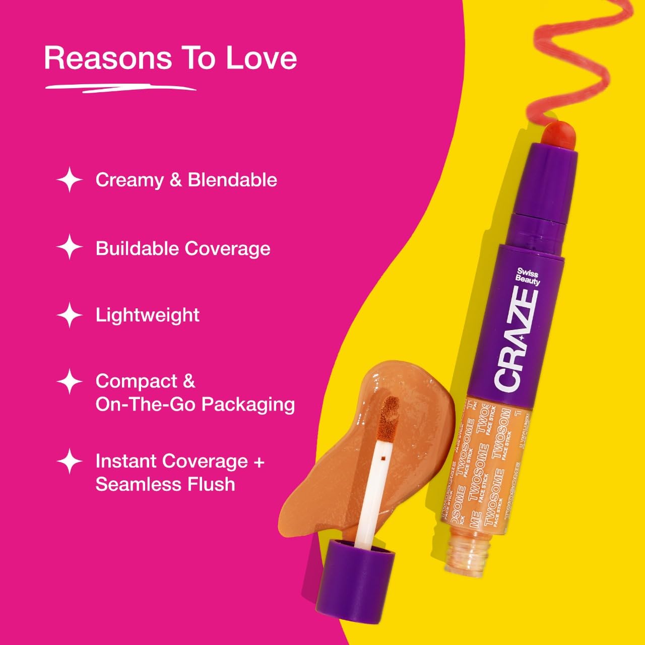 Swiss Beauty CRAZE Twosome Lightweight Face Stick | 2-in 1 Liquid Concealer and Creamy Blush | Shade- 1- Fair/Rose, 9.4gm |