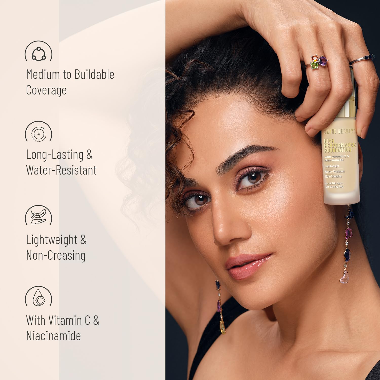 Swiss Beauty High Performance Foundation | Water-Resistant | Medium To Buildable Coverage Liquid Dewy Finish | Lightweight | Easy To Blend | With Vitamin C & Niacinamide | 04 Natural Nude, 55G