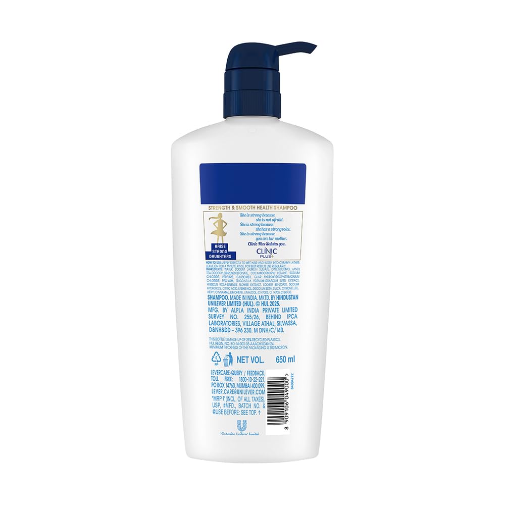 Clinic Plus Strength & Smooth Shampoo, Fenugreek Protein + Hibiscus for Hair Strengthening and Smoother Hair, 650 ml