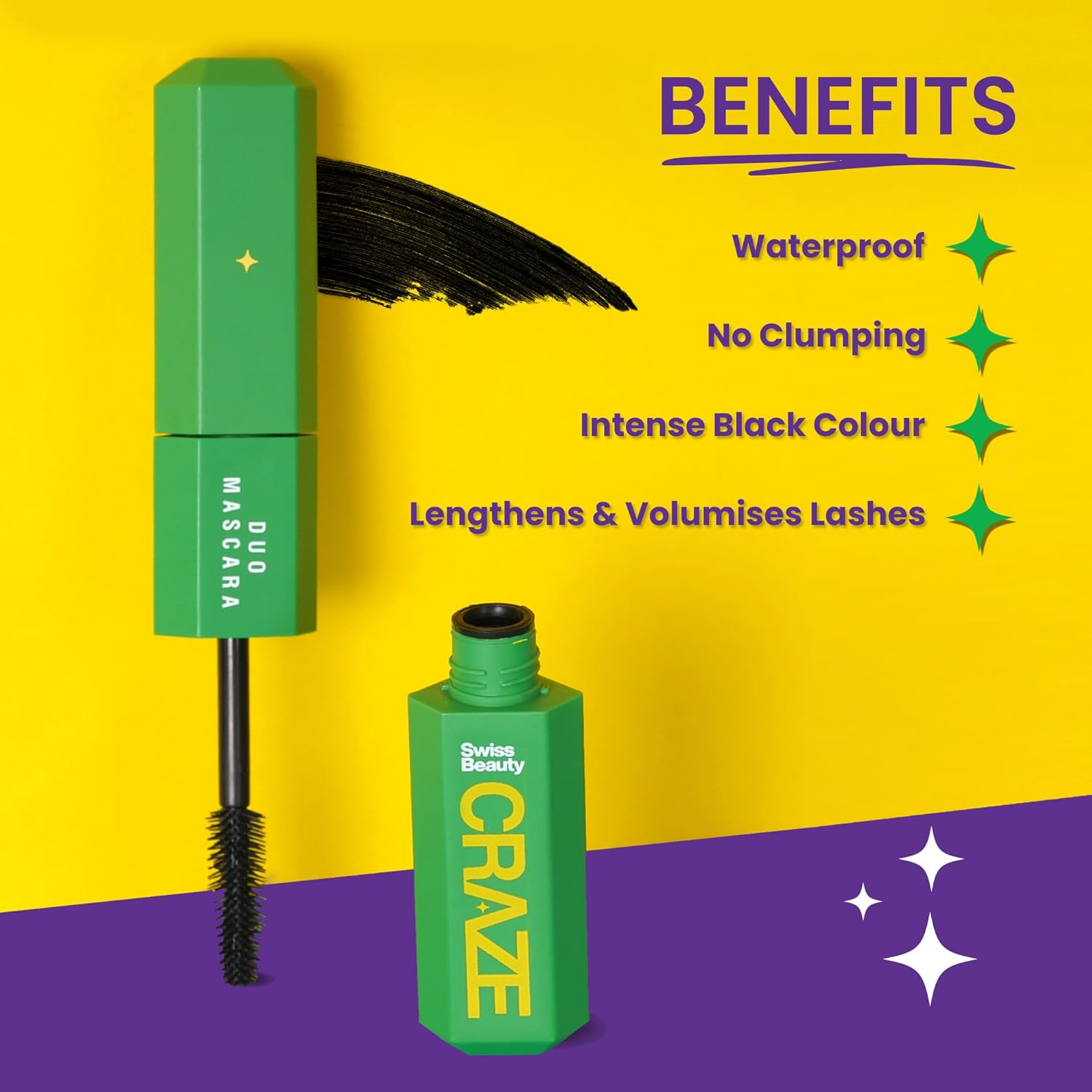 Swiss beauty Craze Duo Mascara | 2-in-1 Lengthening and Volumizing Mascara with non clumping and non flaking finish | Smudgeproof and waterproof | Black, 20ml