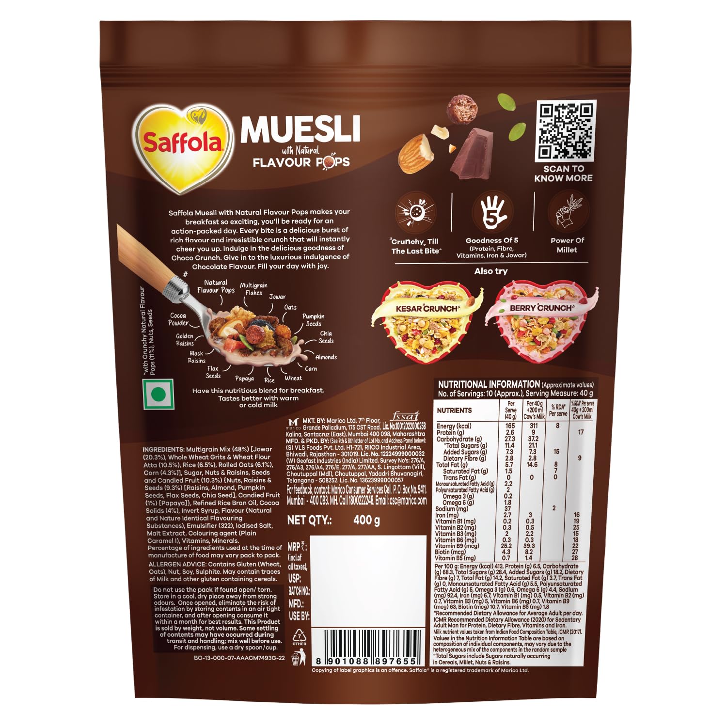 Saffola Muesli Choco Crunch with Flavour Pops, 400 gm/450 gm |