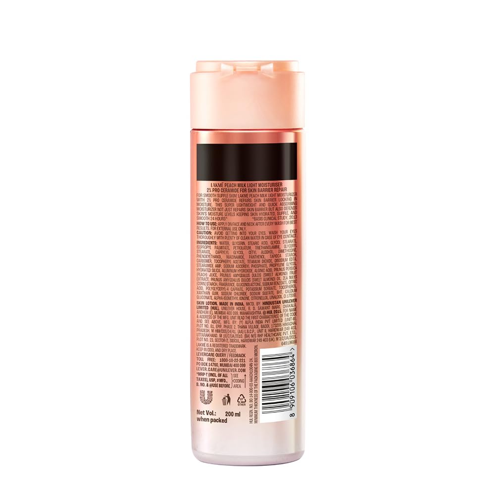 Lakme Peach Milk Pro Ceramide Moisturizer with Vitamin E for Deep Moisturizing and Skin Strengthening | With Skin Conditioner| For Dry, Normal & Sensitive 200ml