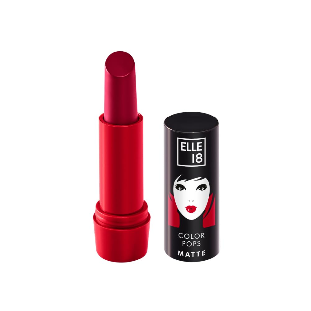 Elle 18 Color Pops Matte Lipstick, Code Red, Moisturising Bullet Matte, with Vitamin E, Highly Pigmented, Infused with Jojoba Oil and Shea Butter | 4.3 g