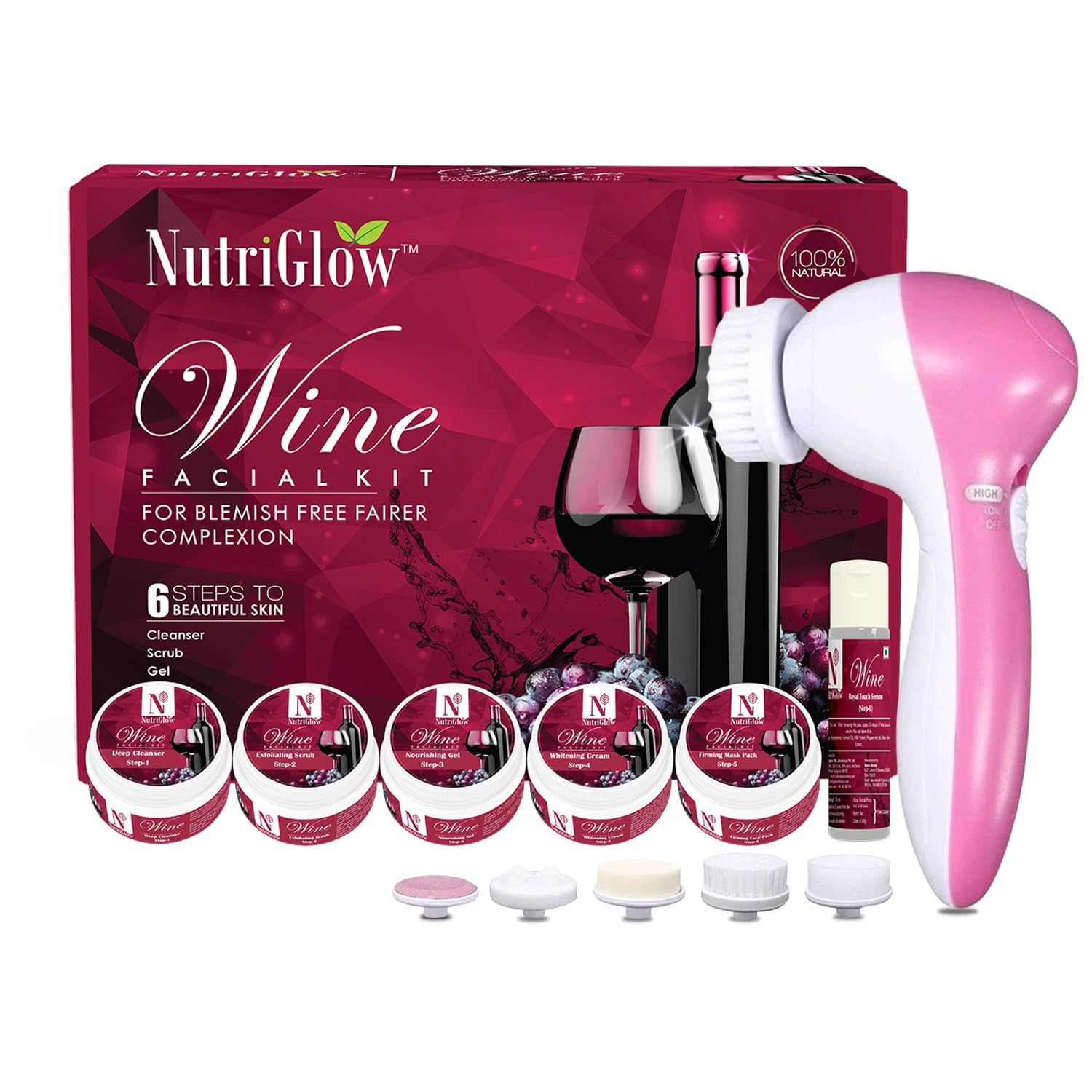 NutriGlow Wine Facial Cleanup Kit 250gm+10ml | 6-Pieces Skin Care Set for Glowing Skin