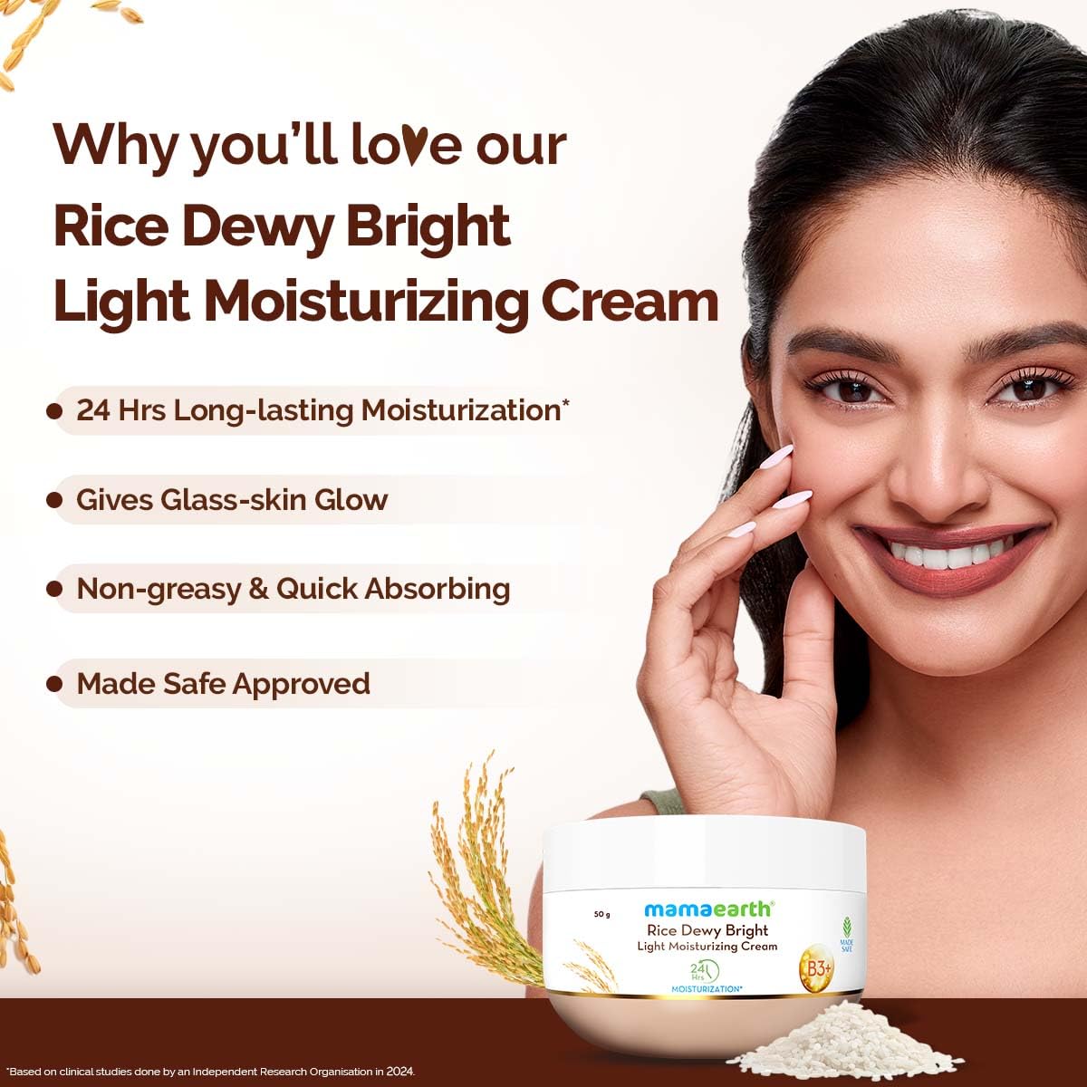 Mamaearth Rice Dewy Bright Light Moisturizing Cream with Rice Water & Niacinamide For Glass-Skin - 50 gm