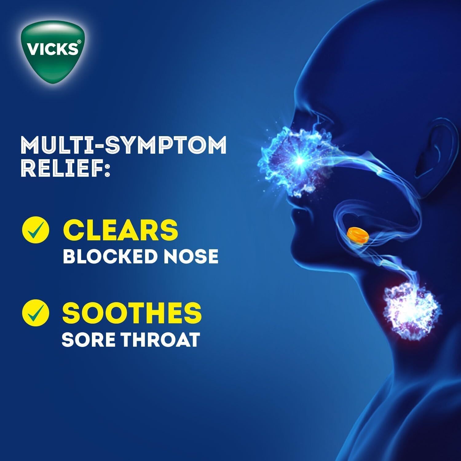 Vicks Medicated Throat Lozenges, 16 Lozenges, Orange Menthol Flavor, Fast Sore Throat & Blocked Nose Relief, Portable and Effective, Essential for On-the-Go Cough and Cold Comfort
