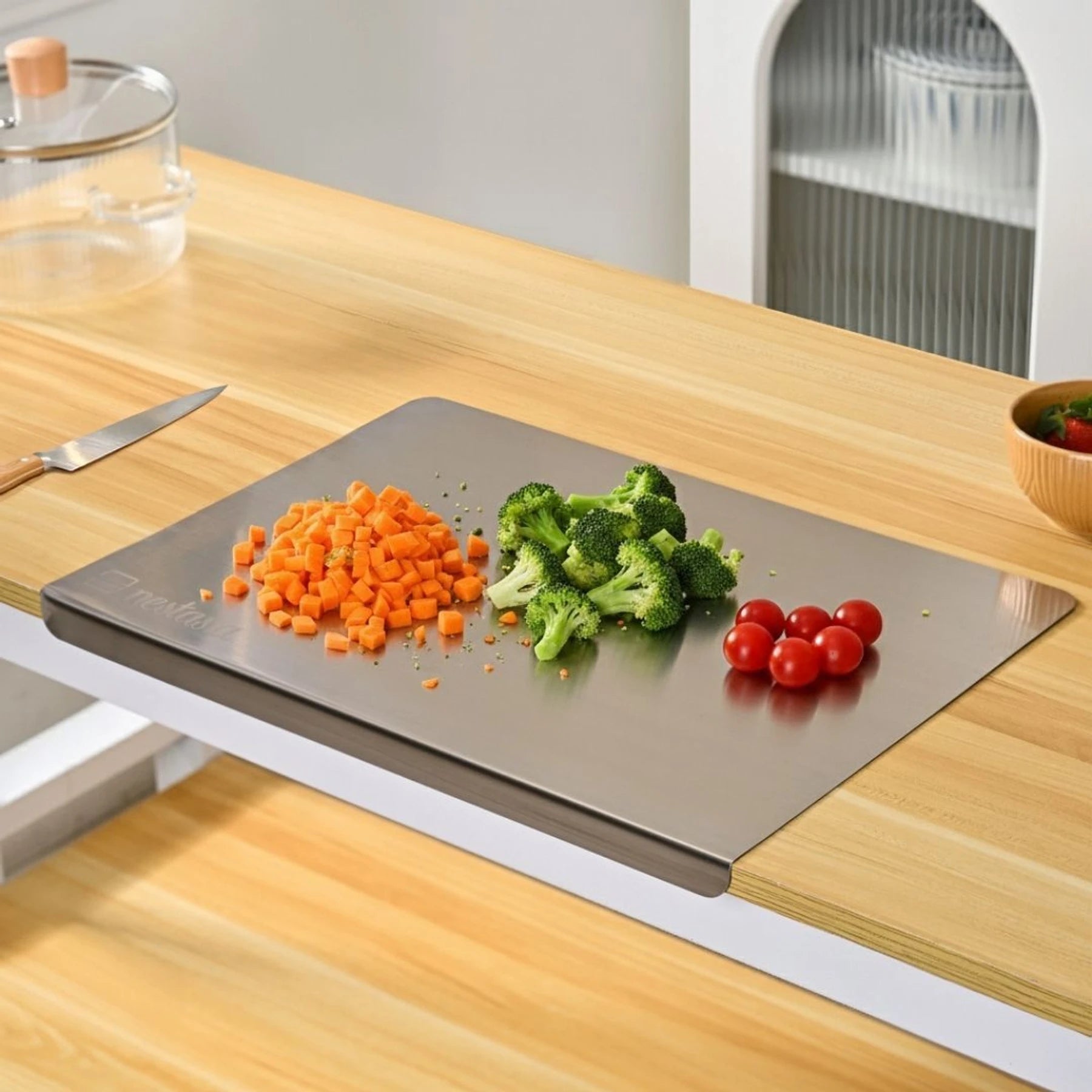 Nestasia Stainless Steel Counter Top Chopping Board (41.5cm x 29cm) with Markings Stainless Steel Cutting Board (Silver Pack of 1 Dishwasher Safe)