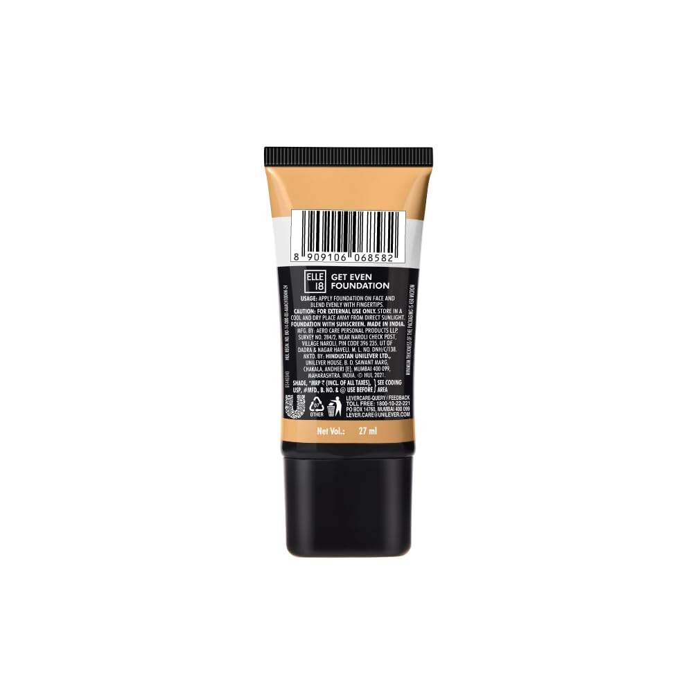 ELLE 18 Get Even Foundation, Natural Marble, Matte Finish, 27 ml, for Long-Lasting Radiance, with SPF 40 & Vitamin E, Medium to Buildable Coverage, Moisturising Formula, 27 ml