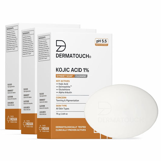 DERMATOUCH Kojic Acid 1% Soap with Glutathione & Alpha Arbutin |For Tan, Brightening, Dark Spots & Pigmentation | pH 5.5 Balanced Syndet Bar | Dermatologist Tested | For Men & Women | 75g