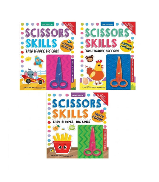 scissor skills book Combo| Tasty Foods, Ultimate Vehicles  and  Animal Friends (3 Books)