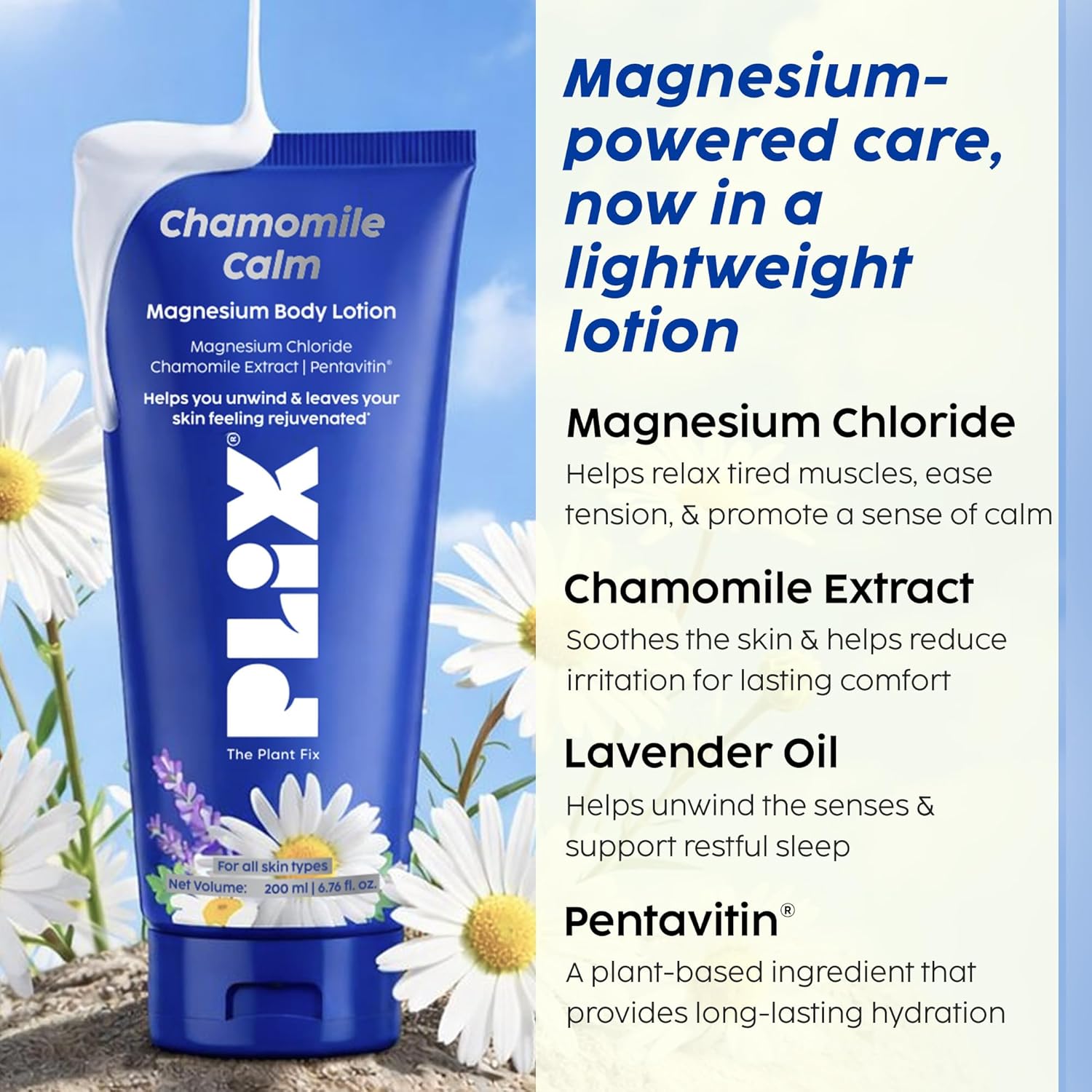 PLIX - THE PLANT FIX Chamomile Calm Magnesium Body Lotion | 10% Magnesium Chloride | Chamomile Extract | Lavender Oil | Helps Relax Tired Muscles | For Men & Women