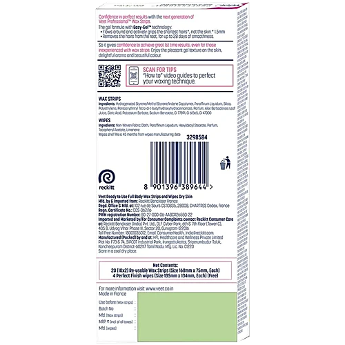 Veet Ready-to-use, Easy Grip Wax Strips For Dry Skin, 20 pcs