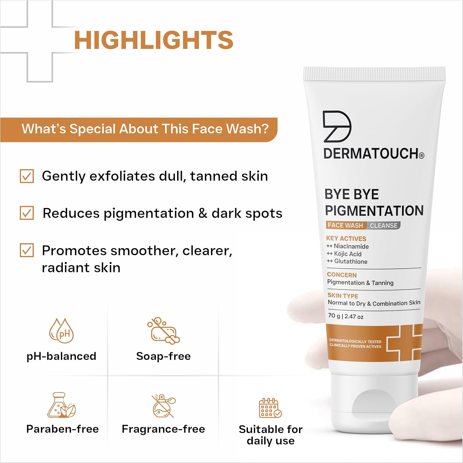 DERMATOUCH Bye Bye Pigmentation Face Wash | Niacinamide, Kojic Acid & Glutathione | For Tan and Anti-Pigmentation | Dermatologist Tested | For Men & Women | 70g
