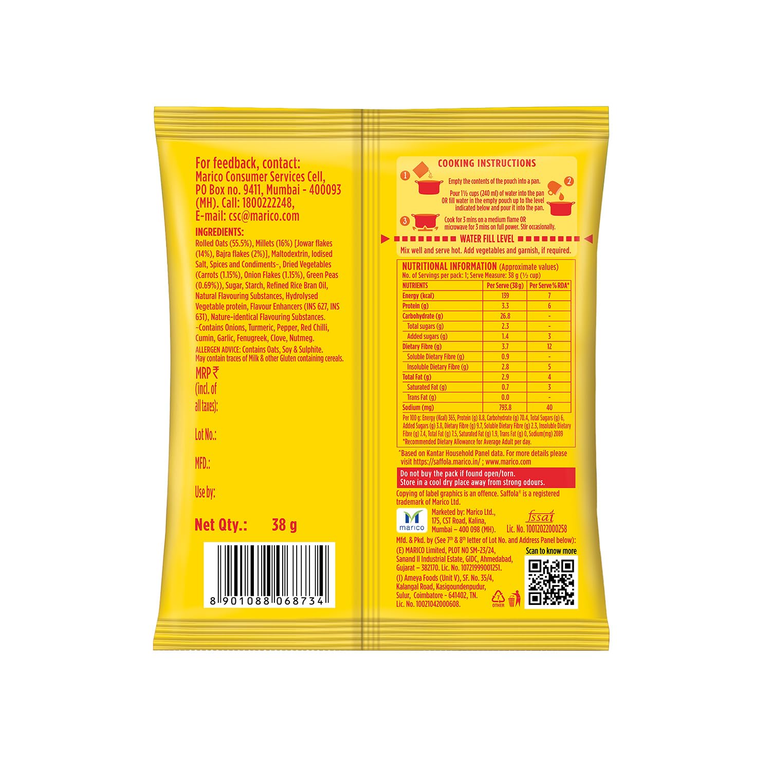 Saffola Masala Oats|38g| Classic Masala | Tasty, Anytime Snack | Ready in 3 mins | Millets Goodness- with Bajra & Jowar | No maida , No added preservatives | helps manage weight