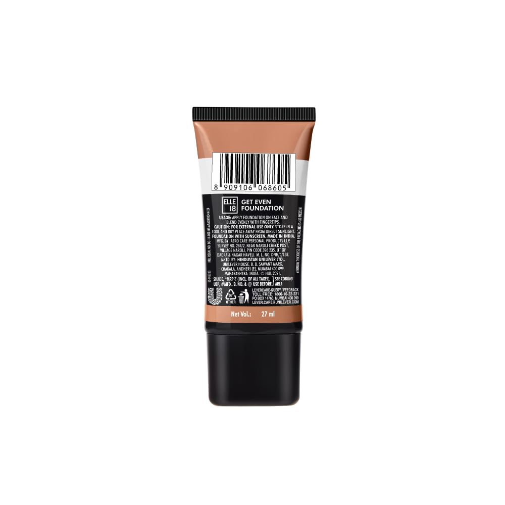 ELLE 18 Get Even Foundation, Natural Coral, Matte Finish, 27 ml, for Long-Lasting Radiance, with SPF 40 & Vitamin E, Medium to Buildable Coverage, Moisturising Formula, 27 ml