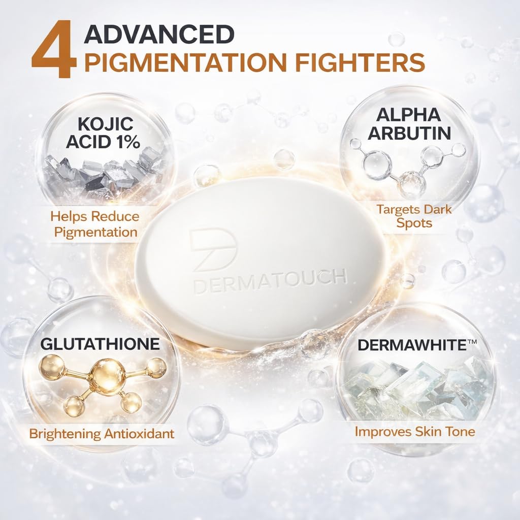 DERMATOUCH Kojic Acid 1% Soap with Glutathione & Alpha Arbutin |For Tan, Brightening, Dark Spots & Pigmentation | pH 5.5 Balanced Syndet Bar | Dermatologist Tested | For Men & Women | 75g