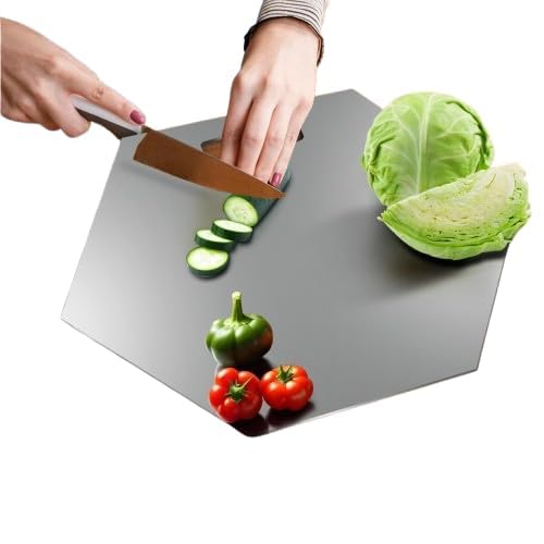 Hexagonal Stainless Steel Chopping Board for Kitchen with Handle Grip (34x31 CM) – Unbreakable & Durable Cutting Surface for Meat, Vegetables, Fruits, Fish, Steel Cutting Board Medium