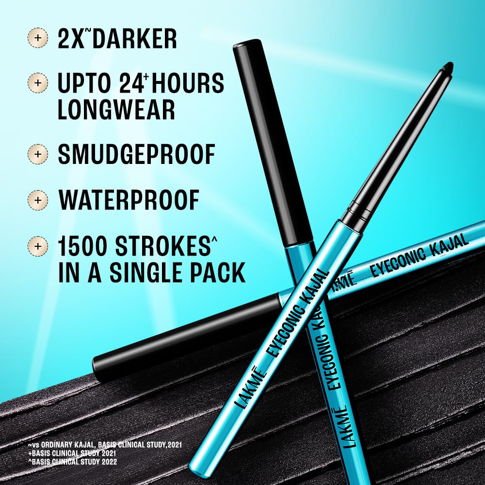 Lakme 9-5 Eyeconic Kajal, Deep Black, Smudgeproof and Waterproof that lasts upto 24H, for 2x dark pigment, 0.35g