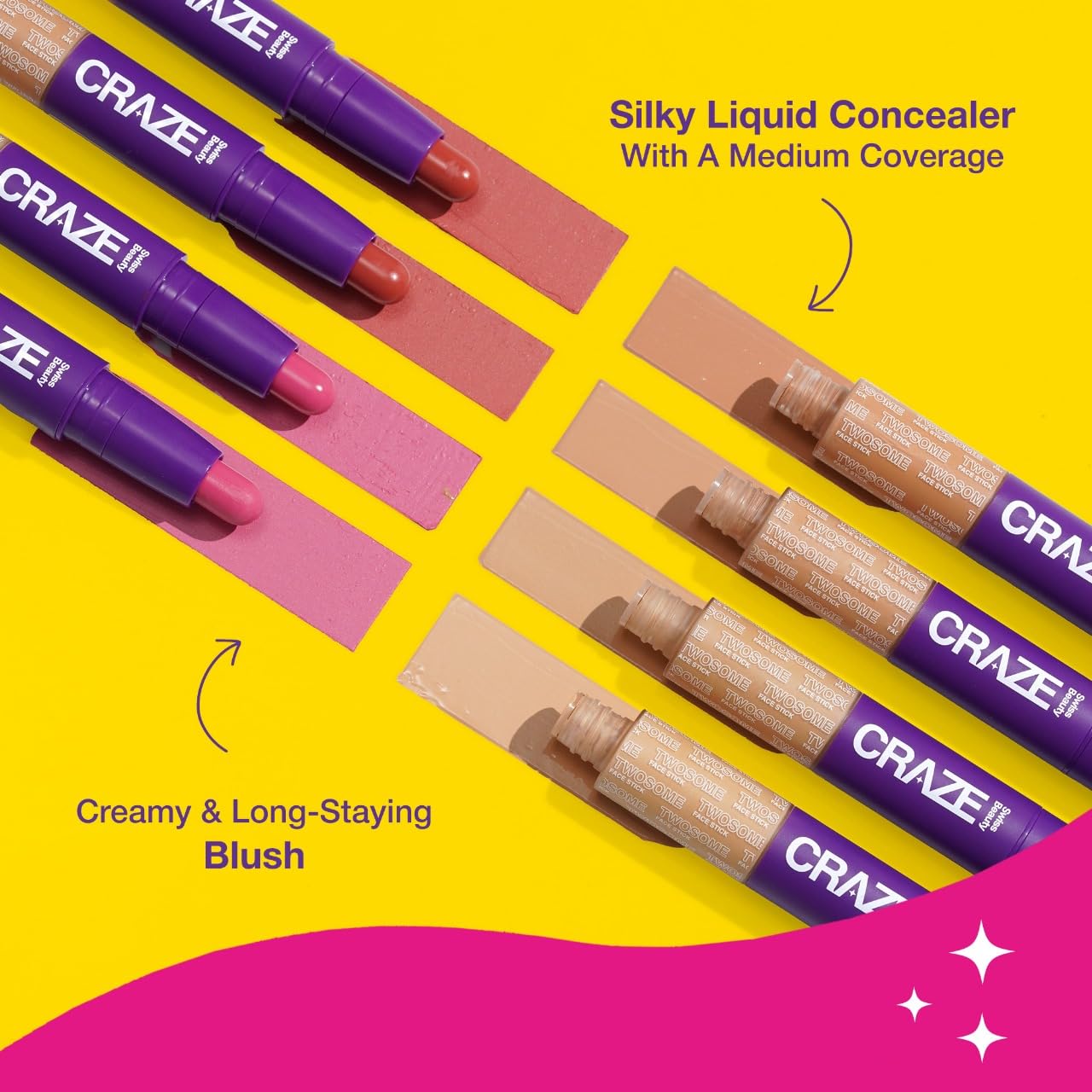 Swiss Beauty CRAZE Twosome Lightweight Face Stick | 2-in 1 Liquid Concealer and Creamy Blush | Shade- 1- Fair/Rose, 9.4gm |