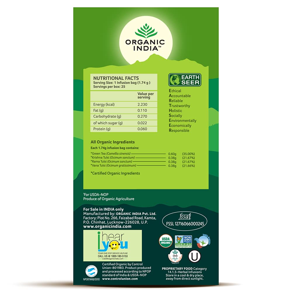 Organic India Tulsi Tea - Green Tea, 25 Bags Carton