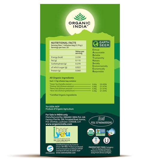 Organic India Tulsi Tea - Green Tea, 25 Bags Carton