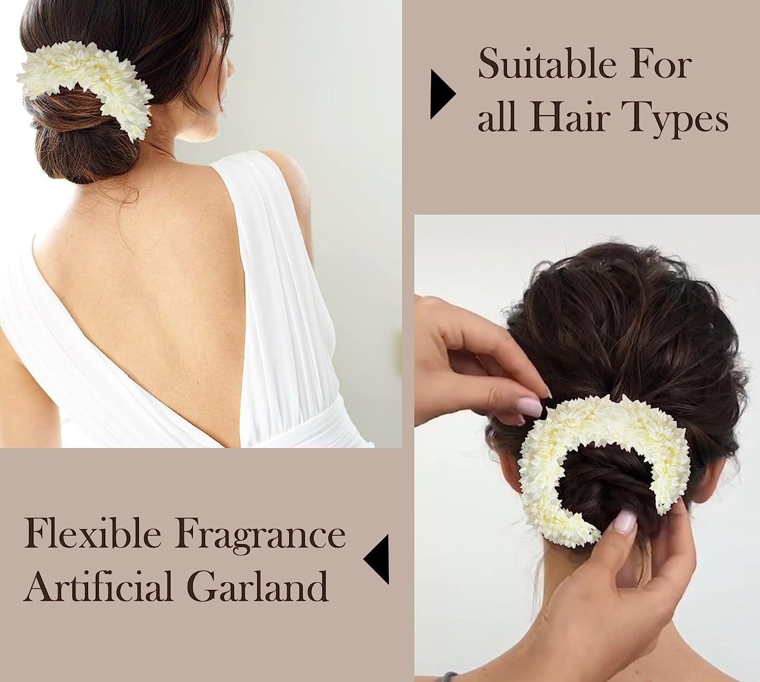 Gajra Flower Scrunchies For Hair Bun, Bracelet, and Ponytail Wedding Jewellery Reusable Fragrance Hair Mogra Gajra Tie For Women/Girls Gajra Scented Mogra White pack of 2