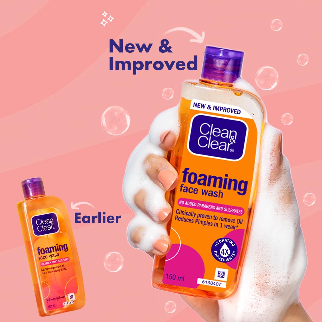 Clean & Clear Foaming Face Wash For Oily Skin, 150ml For Removing excess oil, pimples