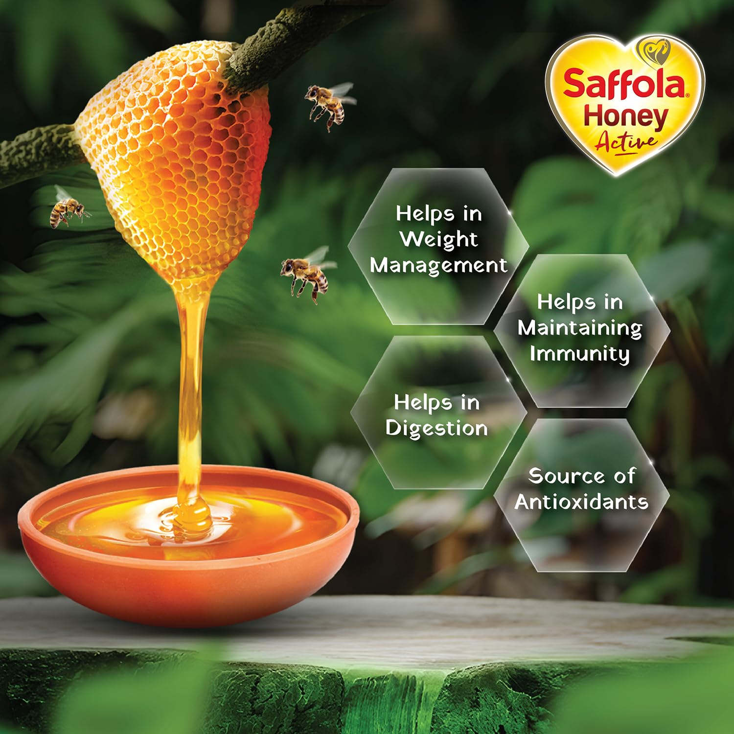 Saffola Honey Active, 700g (350g x 2), Made with Sundarban Forest Honey, 100% Pure Honey, No sugar adulteration, Natural Immunity booster