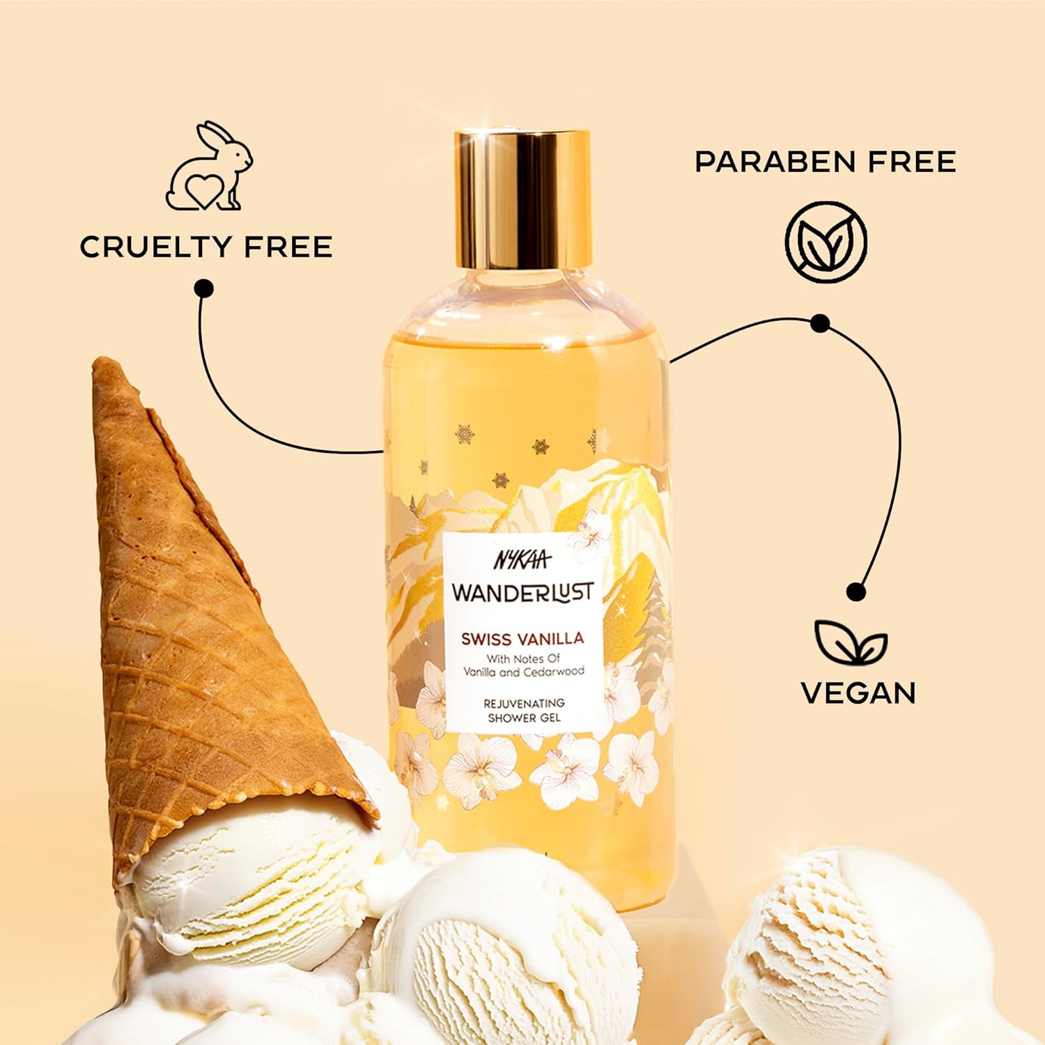 Nykaa Wanderlust Swiss Vanilla Shower Gel, Vanilla & Cedarwood Fragrance, Rejuvenating Body Wash, Hydrating Formula, Vegan & Cruelty-Free, 250ml