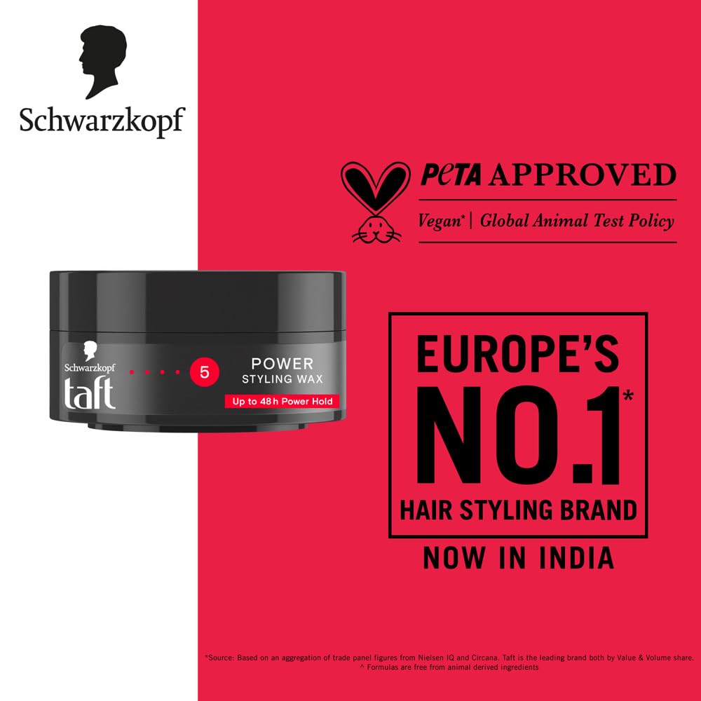 Schwarzkopf TAFT Power Hair Wax For Luminous Shine And Glossy Hair, Hold 5 Lasts 48 Hours, Easy to Wash Out With No Stickiness, For All Hair Types, No Greasy Residue - 75ML