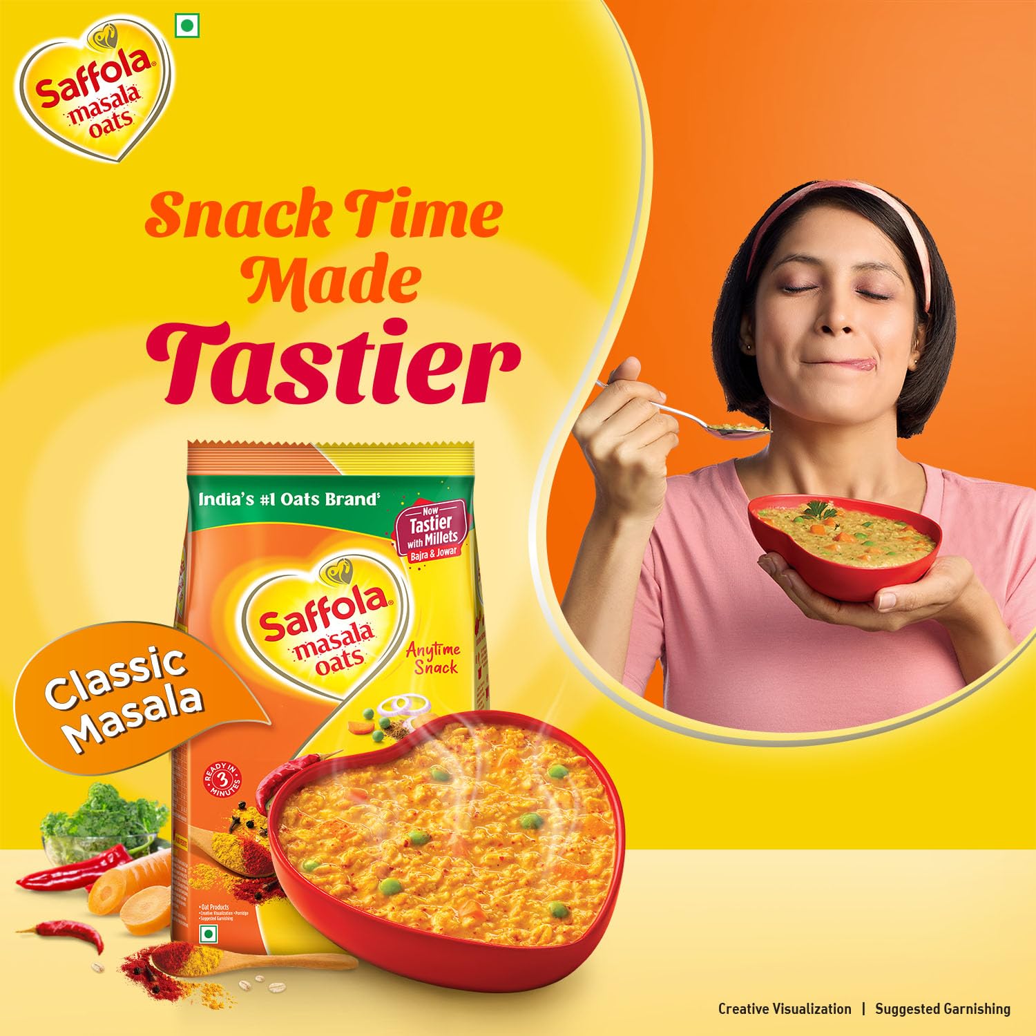 Saffola Masala Oats|38g| Classic Masala | Tasty, Anytime Snack | Ready in 3 mins | Millets Goodness- with Bajra & Jowar | No maida , No added preservatives | helps manage weight