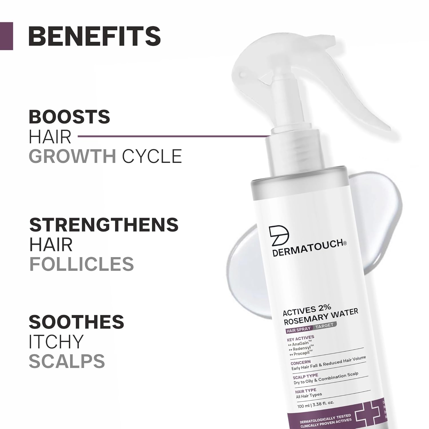 DERMATOUCH Rosemary hair Spray for Hair Growth | Advance 2% Actives Rosemary, Redensyl, Anagain and Procapil Spray Mist for Fall Control, Stimulates for Hair Growth, Adds Shine, Strengthens | 100ml