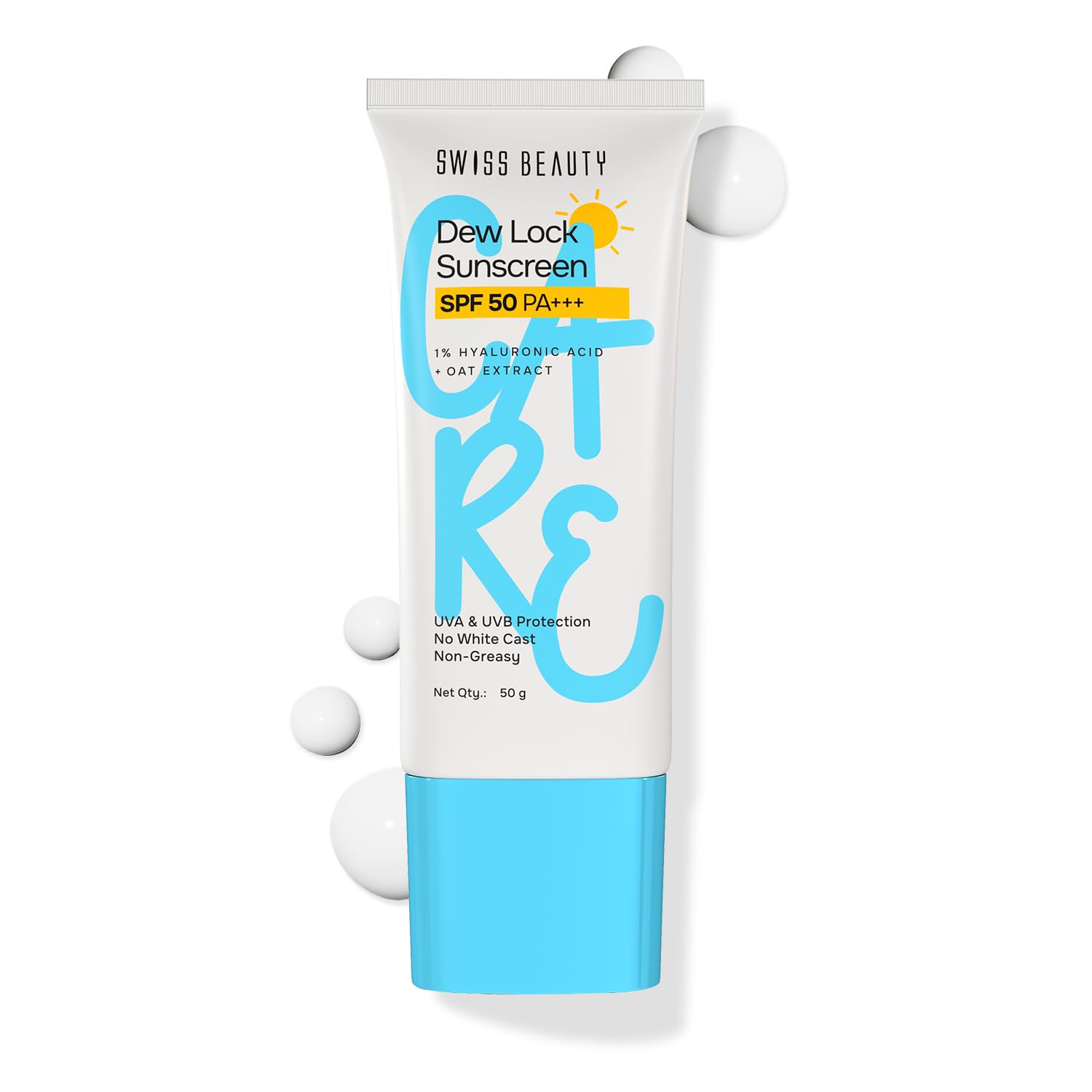 Swiss Beauty Care Dew Lock Sunscreen | SPF 50 PA++++ Broad-Spectrum Protection | No White Cast | With 1% Hyaluronic Acid | 50g