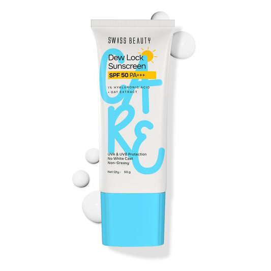 Swiss Beauty Care Dew Lock Sunscreen | SPF 50 PA++++ Broad-Spectrum Protection | No White Cast | With 1% Hyaluronic Acid | 50g