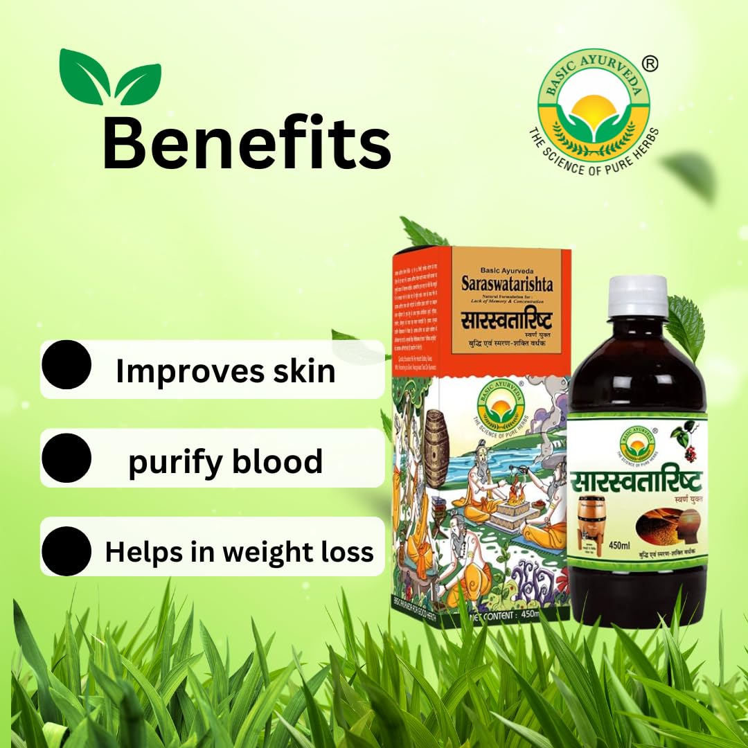 Basic Ayurveda Saraswatarishta 450 ml For anxiety and depression, general debility, mental stress