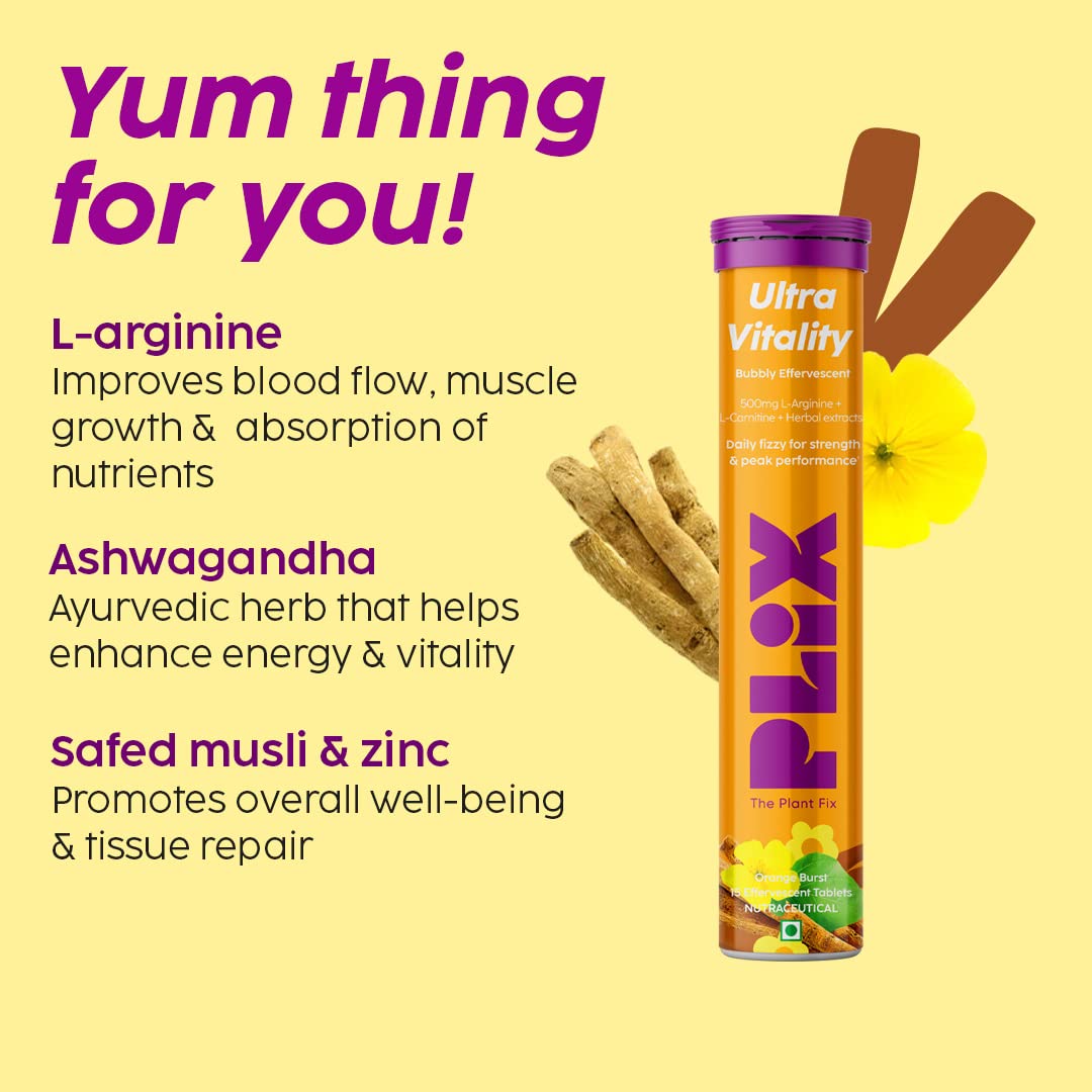 PLIX - THE PLANT FIX Ultra Vitality Effervescent for Stamina,Performance & Strength|With L-Arginine,Ashwag&ha,Safed Musli & Zinc|For Men|15 Tablets