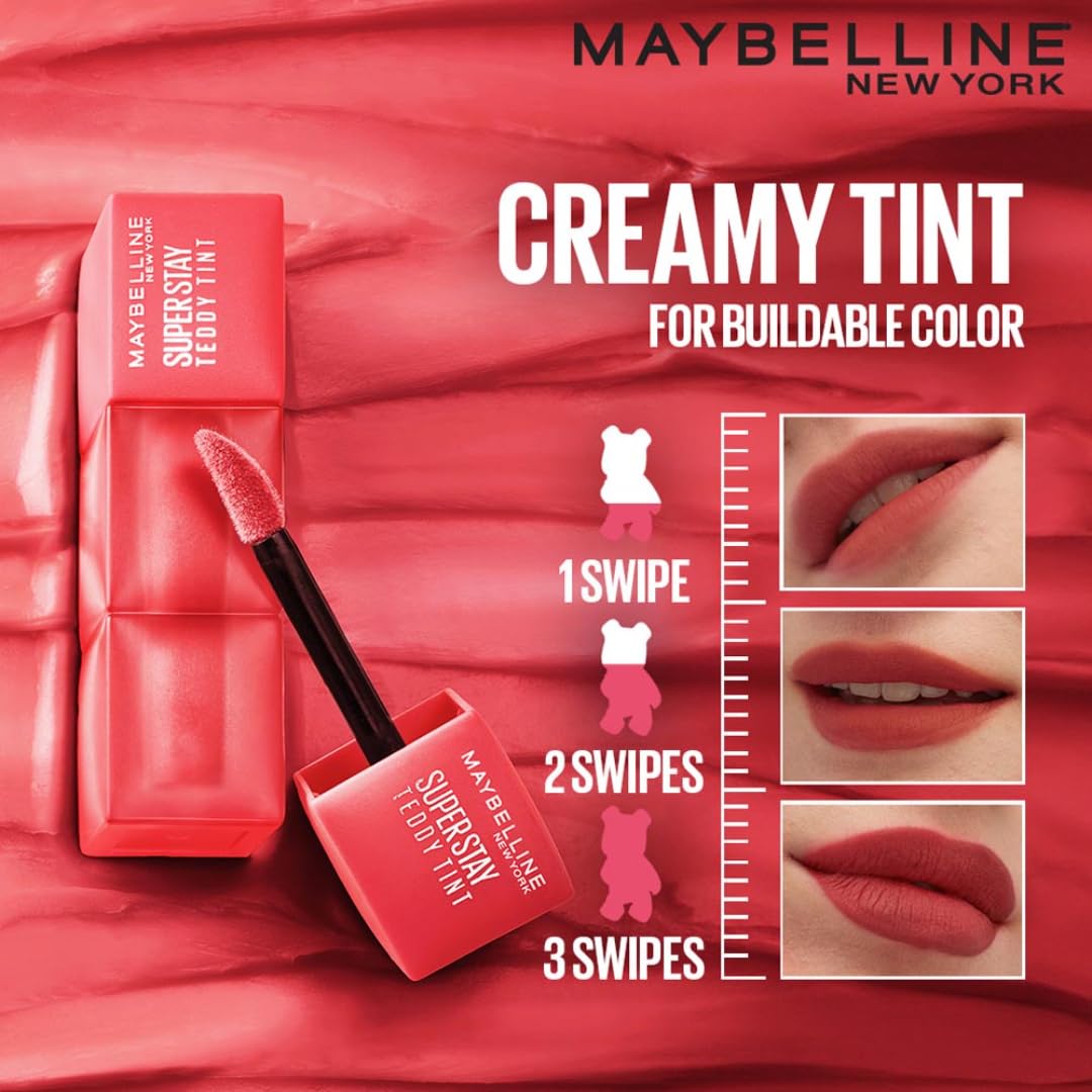 Maybelline New York Super Stay Teddy Tint - Lip and Cheek Color, Keep It Cozy, 5ml | Teddy Soft Matte up to 12Hr |Multi Use |Comfortable Long wear formula |Buildable |Natural flushed look in one swipe