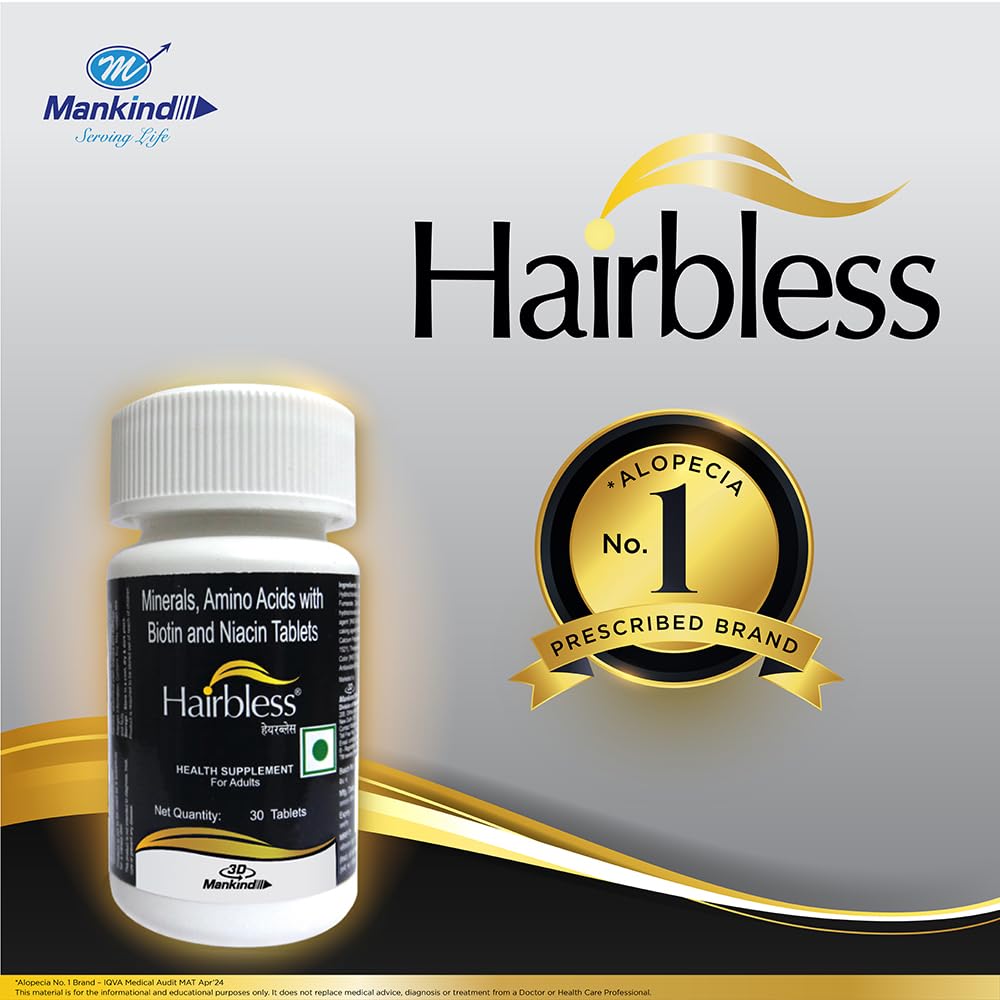 Mankind HairBless Hair Supplement | with Biotin and Niacin | Gluten Free | Amino Acid, Minerals and Vitamins | Enriched with L-Cystiene | 30 Tablets