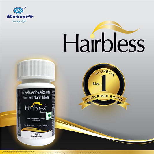 Mankind HairBless Hair Supplement | with Biotin and Niacin | Gluten Free | Amino Acid, Minerals and Vitamins | Enriched with L-Cystiene | 30 Tablets