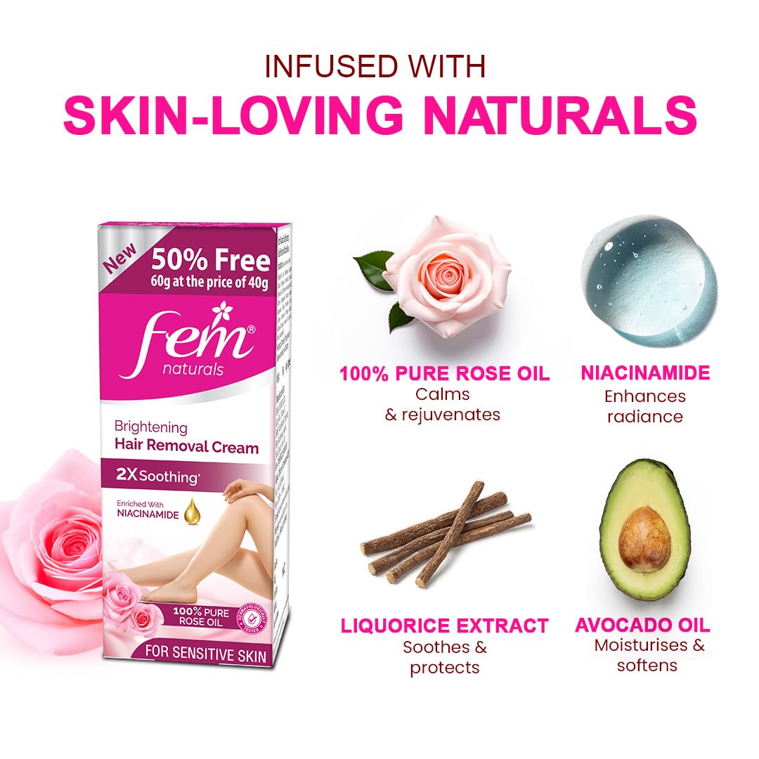 Fem Fairness Naturals Rose Hair Removal Cream - 180g (120g + 60g Free) | For Sensitive skin